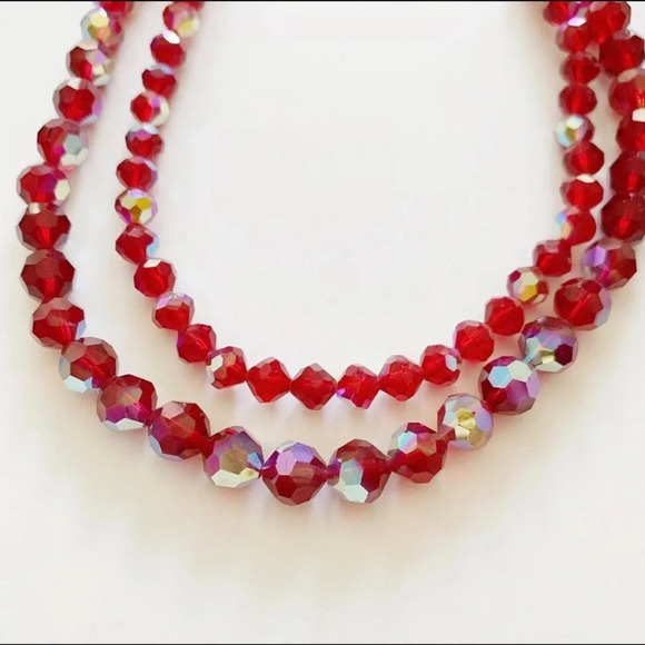 Vintage 1950s Ruby Swarovski Crystal Aurora Borealis Beaded Necklace - Picture 5 of 8